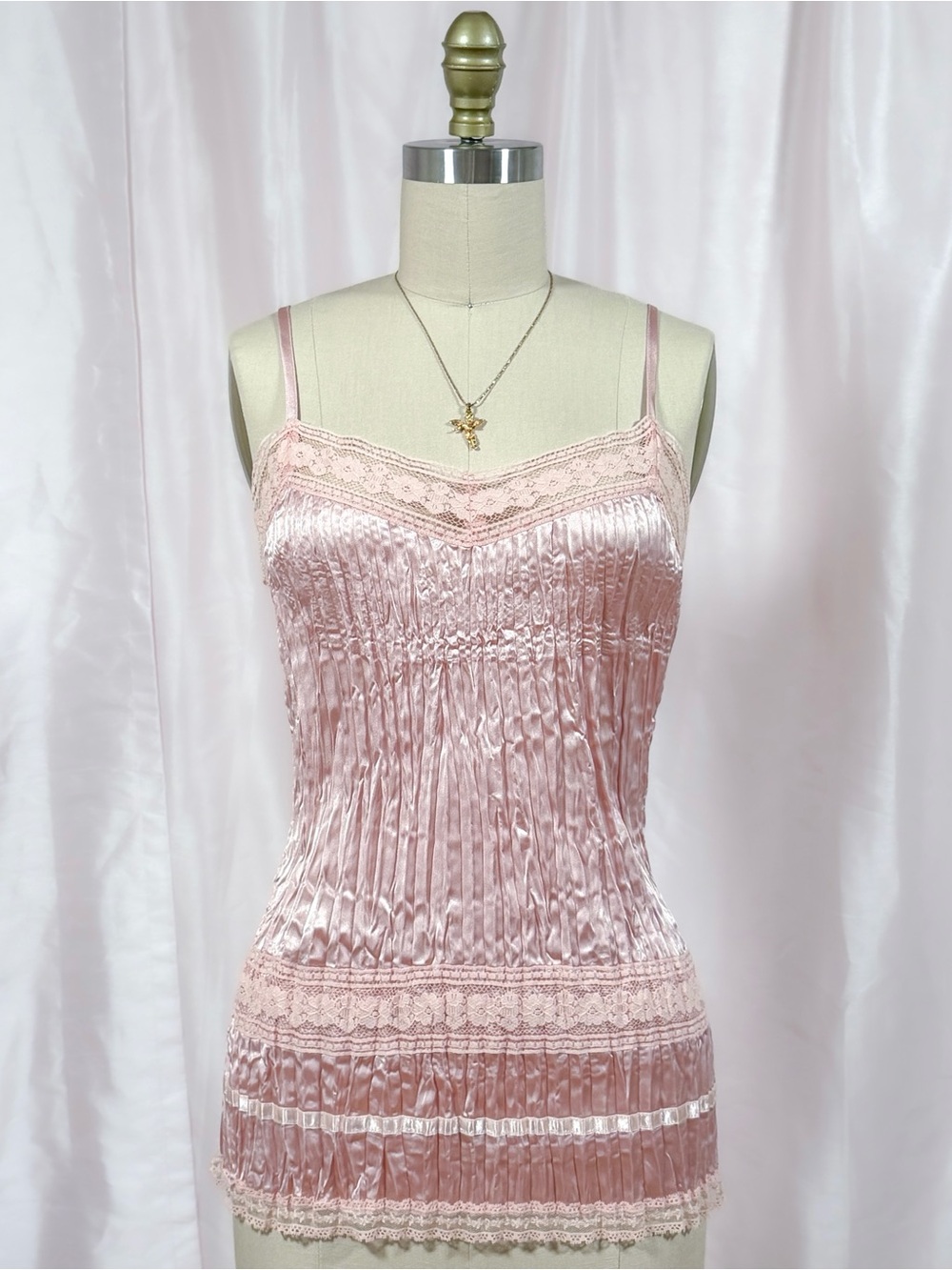 Vintage Y2K Pink Pleated Lace Cami